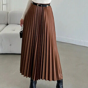 Brown Elegant Women's High Waist Pleated Faux Leather Skirt Without Belt